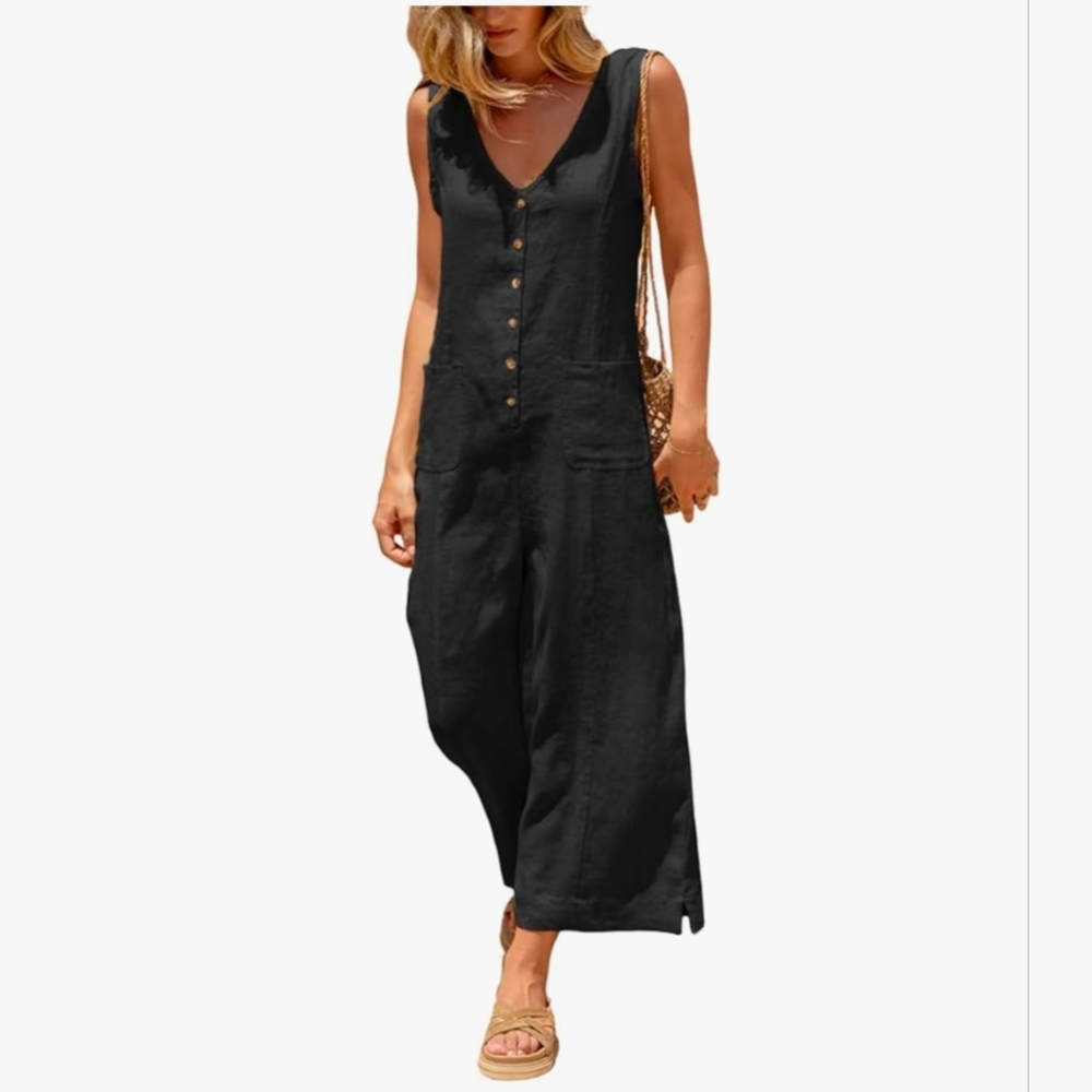 Cotton/Linen Blend Button Down Jumpsuit